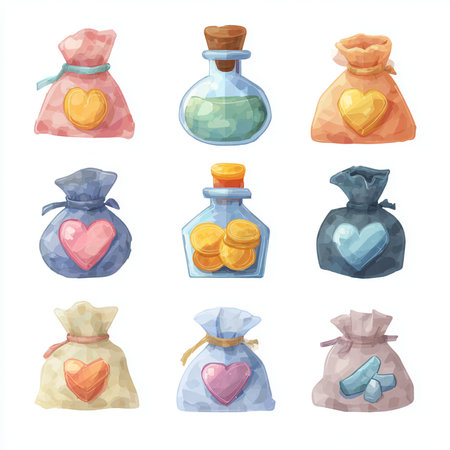 Set of colorful hand drawn vector illustrations of different types of love potion.の素材