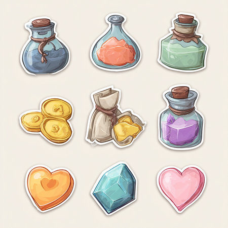 Set of hand drawn magic potion bottles with hearts. Vector illustration.の素材