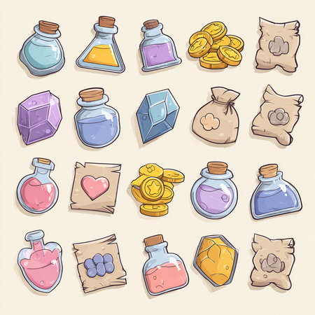 Hand drawn vector illustration of a set of magic potion bottles with different symbols.の素材