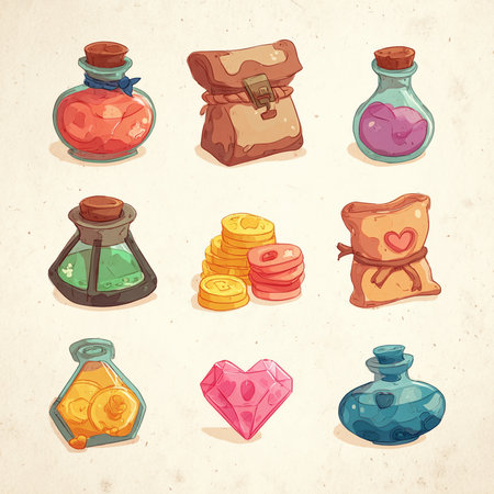 Set of colorful hand drawn magic potion bottles. Vector illustration in vintage style.の素材