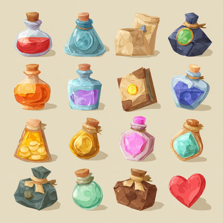 Collection of colorful magic bottles with potion. Vector illustration in cartoon style.の素材