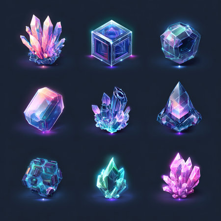Set of 3d crystal gems isolated on dark background. Vector illustration.の素材