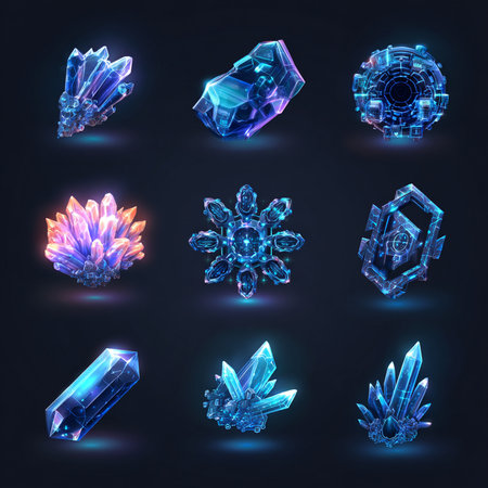 Set of blue crystals. Isolated on black background. Vector illustration.の素材
