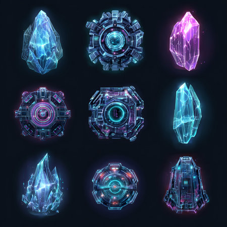 Set of polygonal crystal icons. Futuristic technology style. Vector illustrationの素材