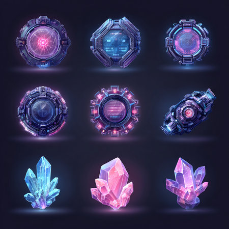 Futuristic cyberpunk crystal elements set. 3d vector illustration.の素材