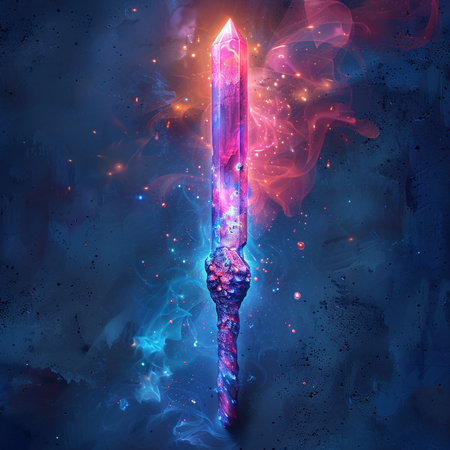 Digital illustration of a fantasy sword in blue and pink fire flames.の素材