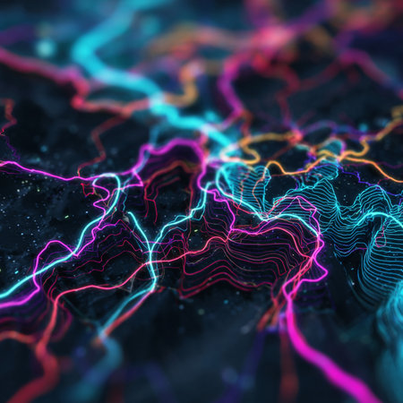 3d illustration of abstract digital fractal background with glowing particles.の素材