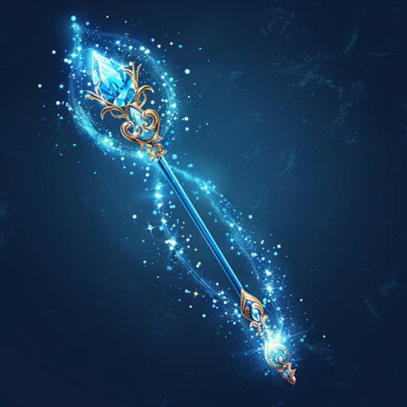 Illustration of a magic sword with crystal on a dark blue backgroundの素材