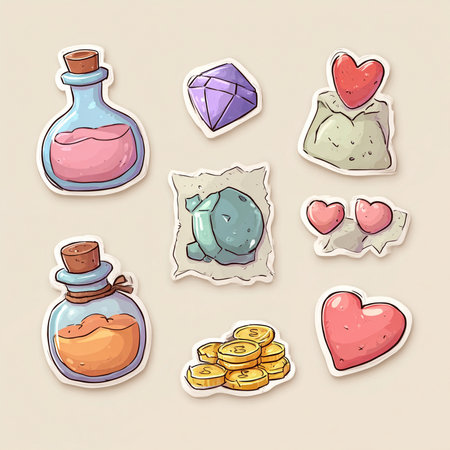 Set of stickers with magic potion, hearts and stones. Vector illustrationの素材