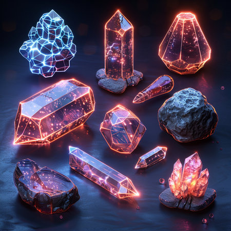 Set of crystals on a dark background. 3d rendering, 3d illustration.の素材