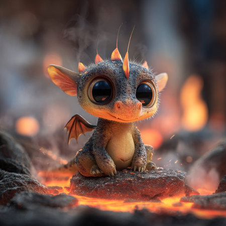 Fantasy scene with a cute little dragon in the fire, 3d illustrationの素材