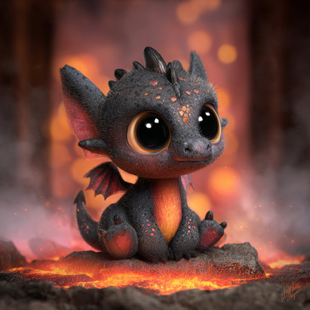 3D rendering of a cute little dragon sitting in front of a fireplaceの素材