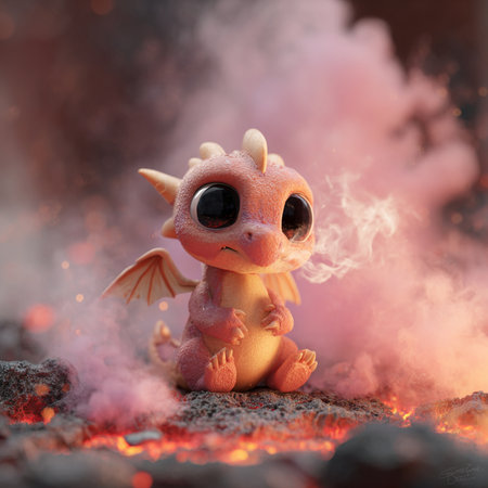 Cute little monster sitting on the ground with fire and smoke.の素材