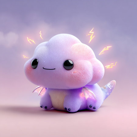 Cute little cloud with lightning in the sky, 3d illustrationの素材