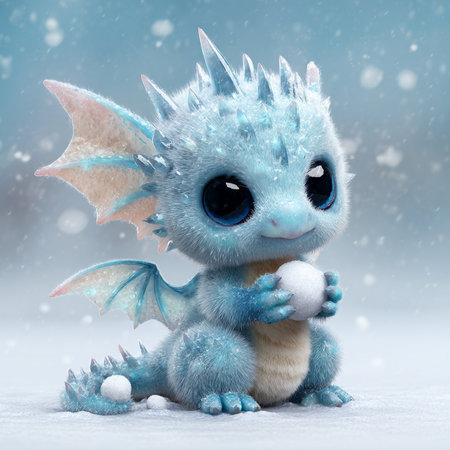 Funny blue dragon with snow and snowflakes on the backgroundの素材