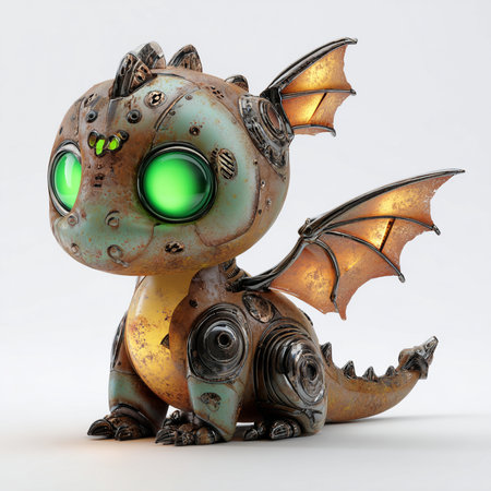 3D rendering of a fantasy dragon with green eyes isolated on white backgroundの素材