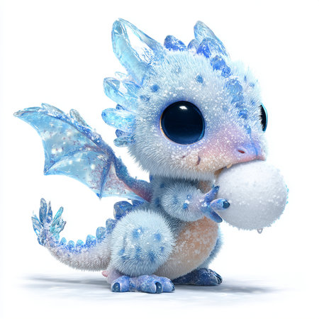 Cute blue dragon with snowflakes isolated on a white backgroundの素材