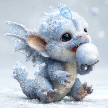 Cute little angel with blue eyes and blue wings holding a snow ball.の素材