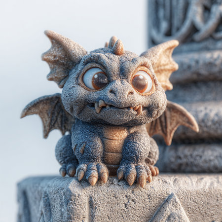 A closeup shot of a cute little dragon on a stone pillarの素材