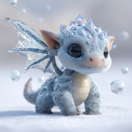 Funny toy dragon on a background of snow and bokehの素材