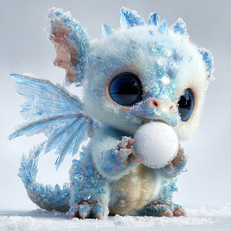 Cute blue cupid with a snow ball on a white backgroundの素材