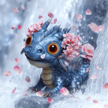 3D rendering of a fantasy dragon with flowers and waterfalls.の素材