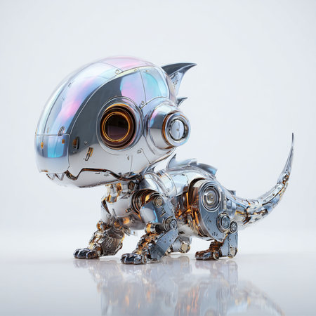 3D rendering of a robot isolated on a white background with reflectionの素材