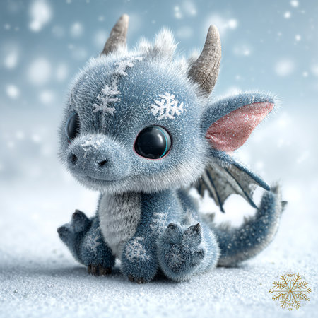 Cute blue toy dragon with snowflakes on a snowy backgroundの素材