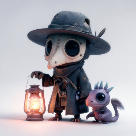3d illustration of a boy dressed as a pirate with a lanternの素材