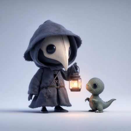 Fantasy character with a lamp and a crocodile. 3d illustration.の素材