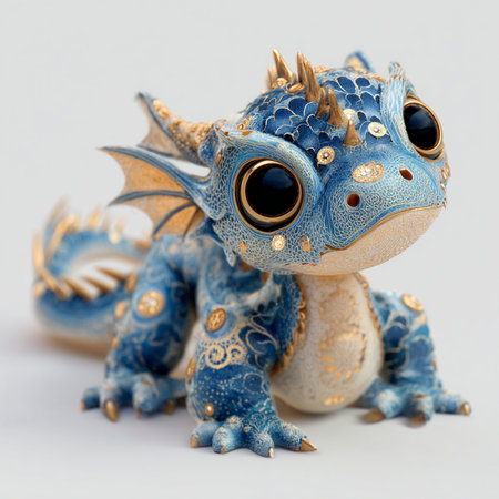Blue dragon toy isolated on white background. Close-up shot.の素材