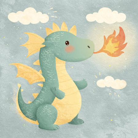 Cute cartoon dragon with wings and fire. Watercolor illustration.の素材