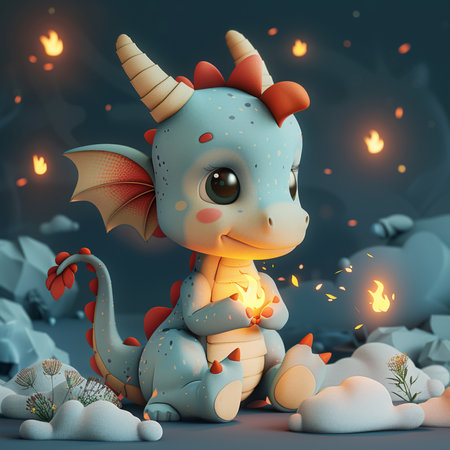 3D rendering of a cute cartoon dragon with a fire on the backgroundの素材