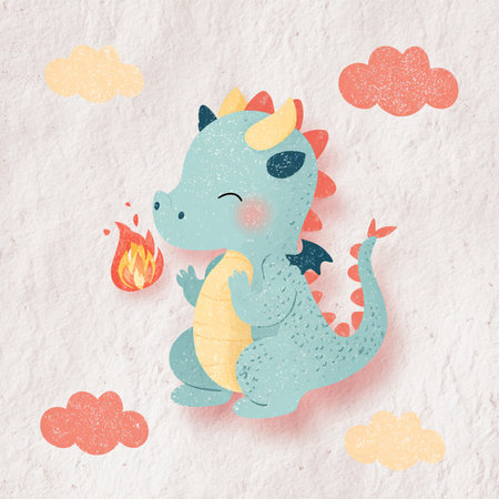 Cute dragon with fire on grunge paper texture. Vector illustration.の素材