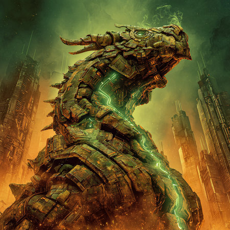 dragon in the background of the modern city. 3d illustration.の素材