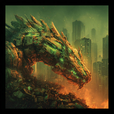 Futuristic dragon in a futuristic city. 3D illustrations.の素材