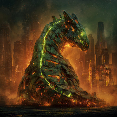 Fantasy dragon in fire with city background. 3D illustrations.の素材