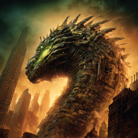 Fantasy dragon in the city. 3D illustrations. Elements of this image furnished by NASAの素材