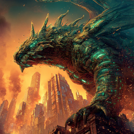 Fantasy dragon with city in the background. 3D illustrations.の素材