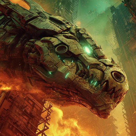 Futuristic alien spaceship in fire and smoke. 3D renderingの素材