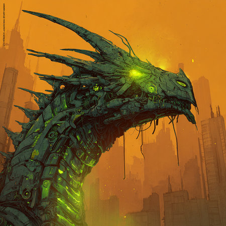 Fantasy dragon in a futuristic city. 3d rendering illustration.の素材