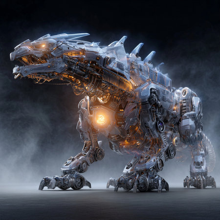 3D rendering of a female robot on a dark background with smokeの素材