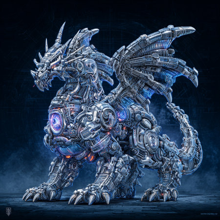 Futuristic robot on dark background. 3D rendering with DOFの素材