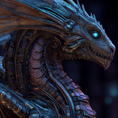 3D rendering of a fantasy dragon isolated on black background with lightsの素材