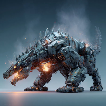 3D rendering of a futuristic alien creature on a dark background.の素材