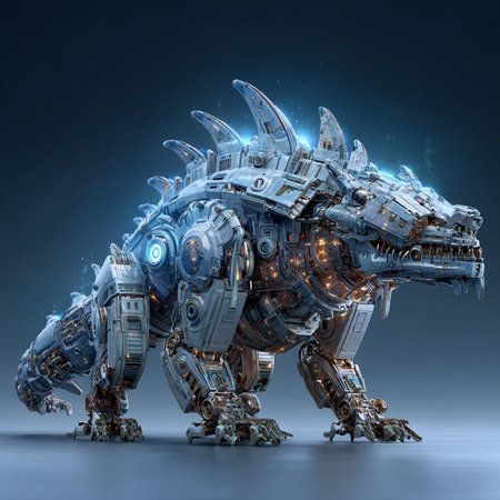 Futuristic robot with glowing lights on dark background. 3D renderingの素材