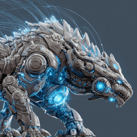 Cyborg robot with glowing lights on blue background. 3D renderingの素材