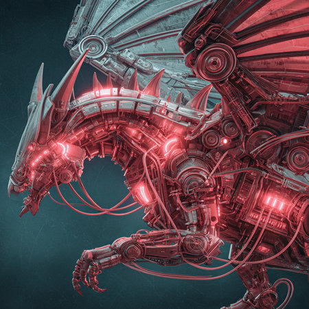 3D rendering of a futuristic robot in space with glowing red lightsの素材