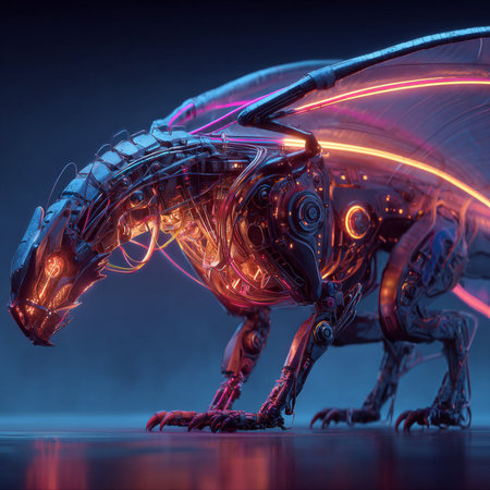 3D rendering of a robot with neon lights on a dark backgroundの素材