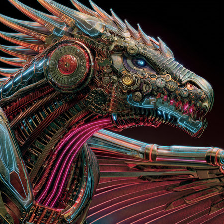 3D rendering of a fantasy dragon isolated on black background with neon lightsの素材